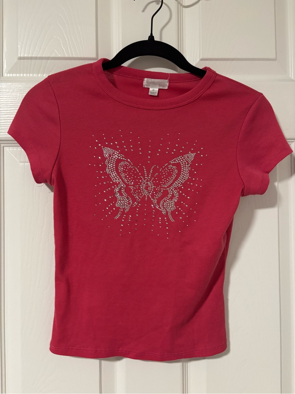 Hot Pink Y2K Rhinestone Bedazzled T Shirt